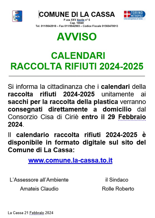 Calendario raccolta rifiuti 2024-2025