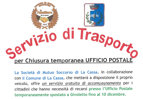 Servizio di trasporto per chiusura temporanea Ufficio Postale